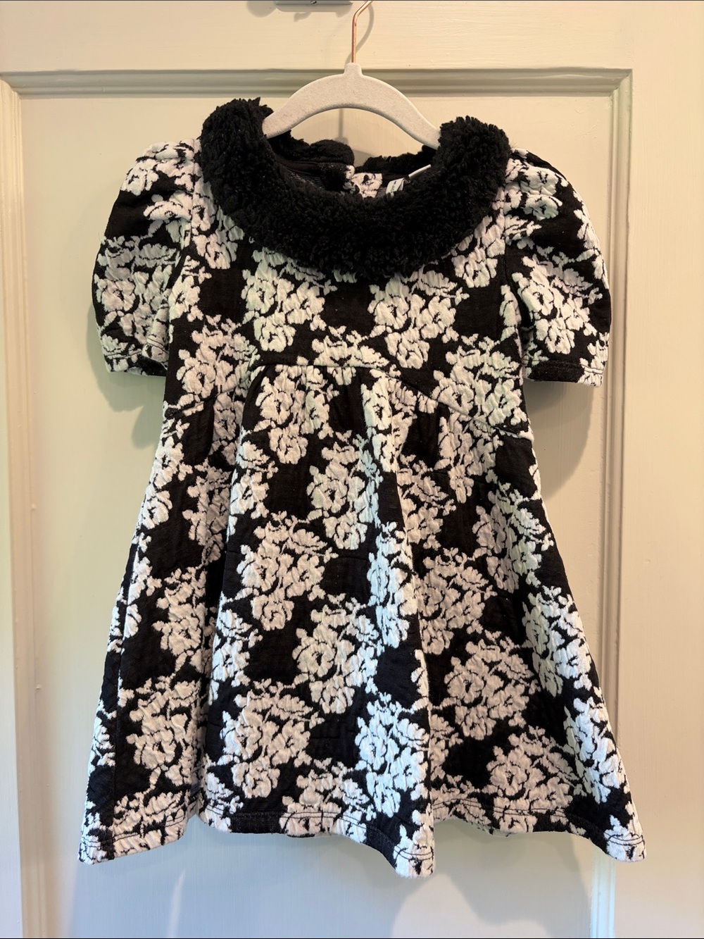 Janie and Jack Floral Black and White Shearling Collar Dress 2T